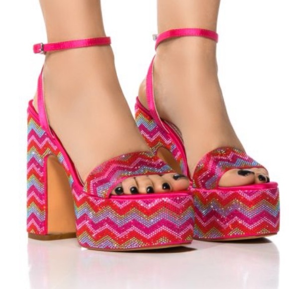 AZALEA WANG Vanna Rhinestone Platform Sandal Block Heels - Picture 4 of 10